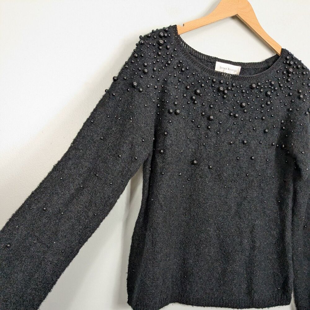 Susan Bristol Wool Blend Sweater L Black Chunky Beaded Scoop Neutral Black L